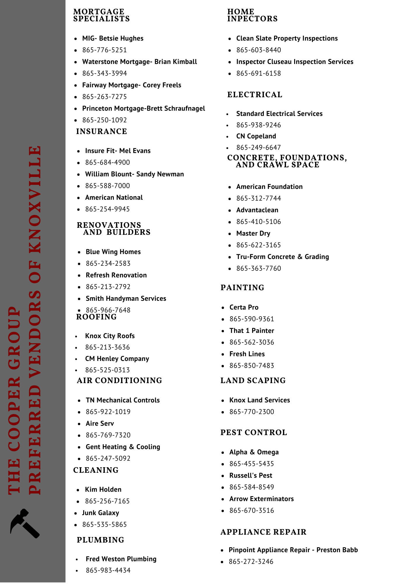 list of knoxville, tennessee vendors for home repairs and home renovations